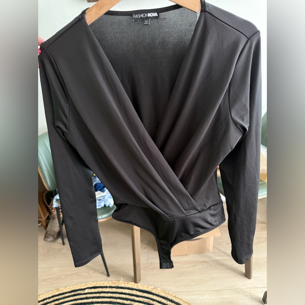 Fashion Nova Charcoal V-Neck Bodysuit